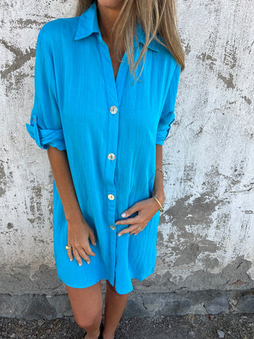 Women's Shirt Dress – Relaxed Fit – Front Buttoning – Breathable Fabric – Rolled Sleeves