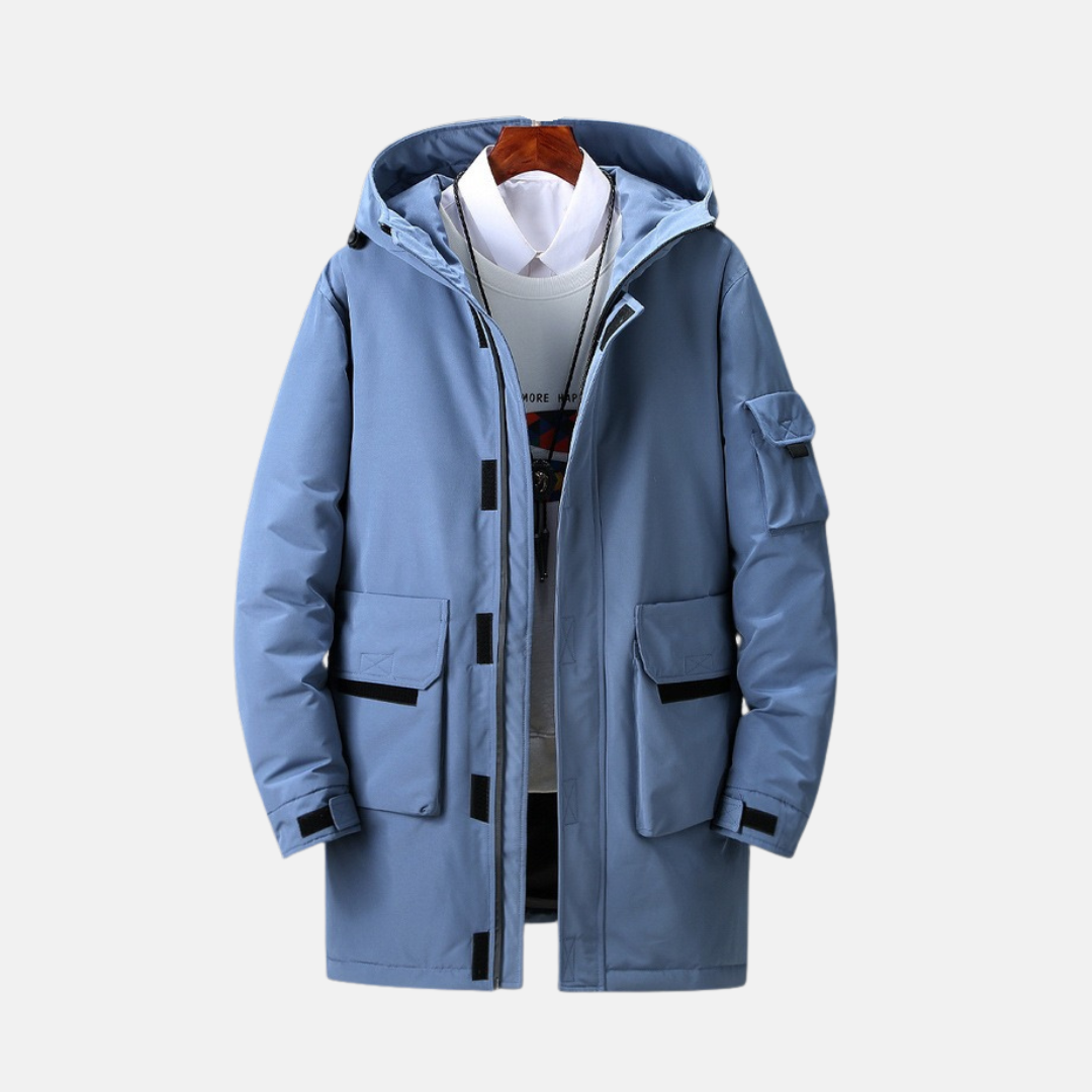 Men's Coat - Durable Woven Fabric - Relaxed Fit - Stand Collar Hood - Mid-Thigh Length