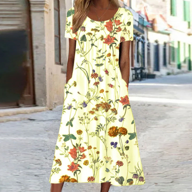 Women's midi dress – Flared cut – Breathable fabric – Floral print – Short sleeves – Pockets