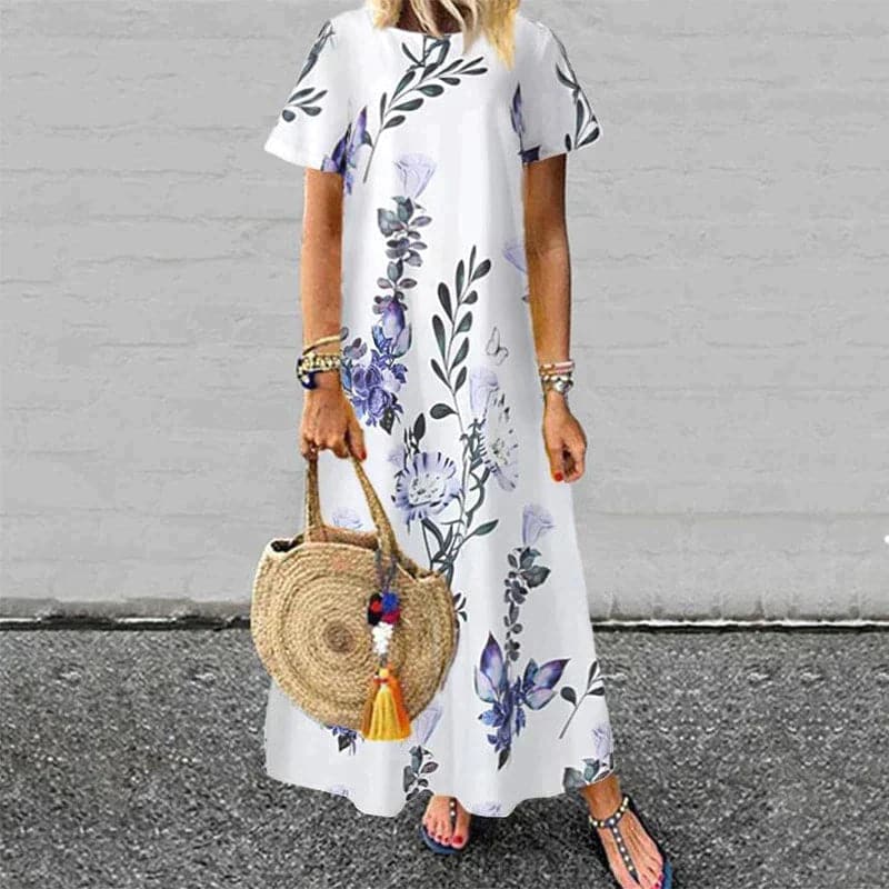 Women's long dress – Flowing cut – Natural fibers – Short sleeves – Floral print