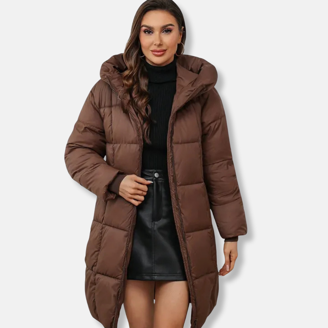 Women's Quilted Coat - Woven Fabric - Relaxed Fit - Knee Length - Hood High Collar