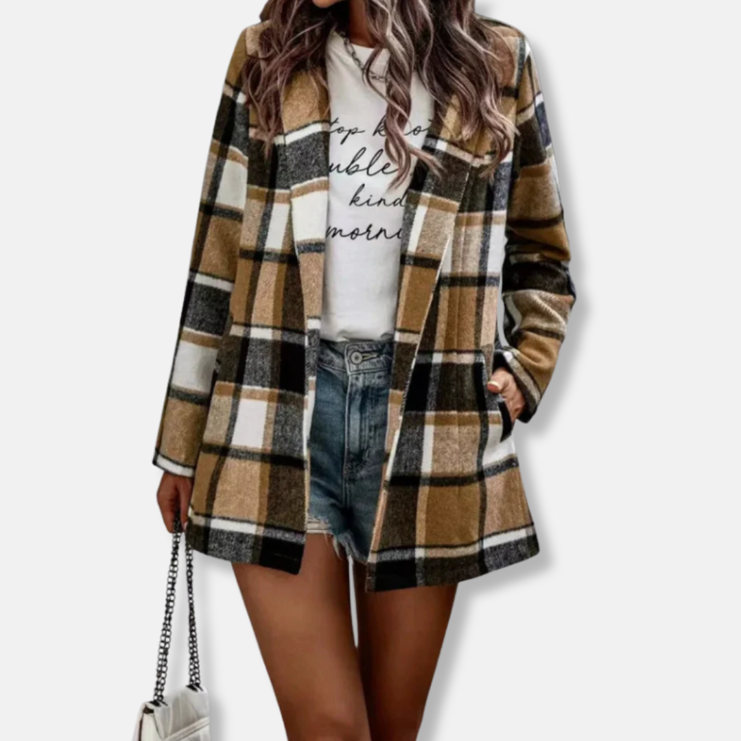 Amelia Wool Oversized Coat | Plaid Open Front Coat