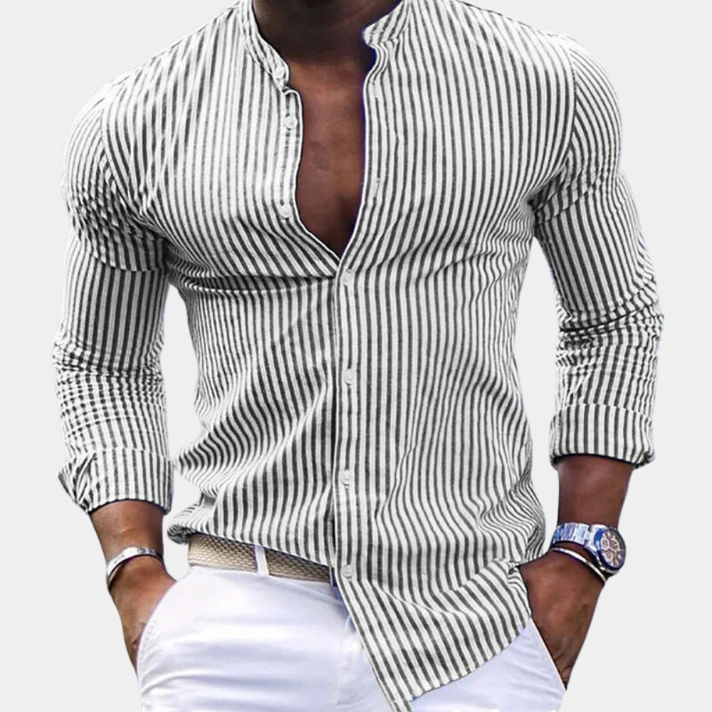 Men's long-sleeve shirt – Slim fit – Mao collar – Vertical stripes – Breathable fabric
