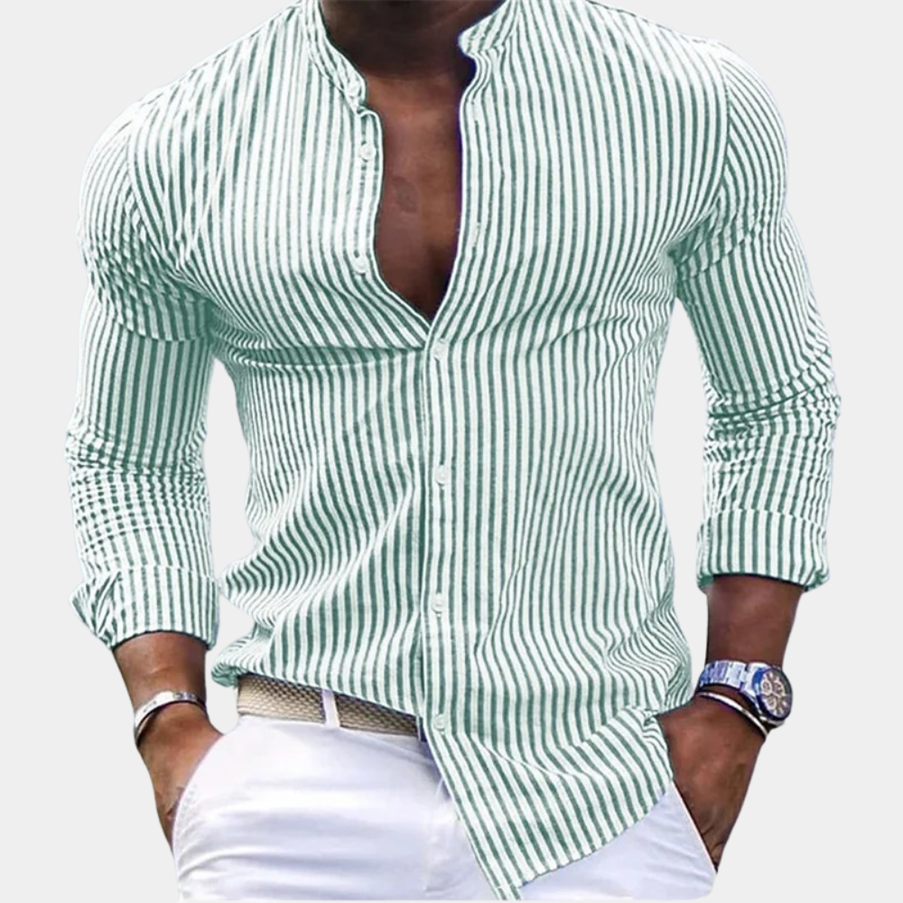 Men's long-sleeve shirt – Slim fit – Mao collar – Vertical stripes – Breathable fabric