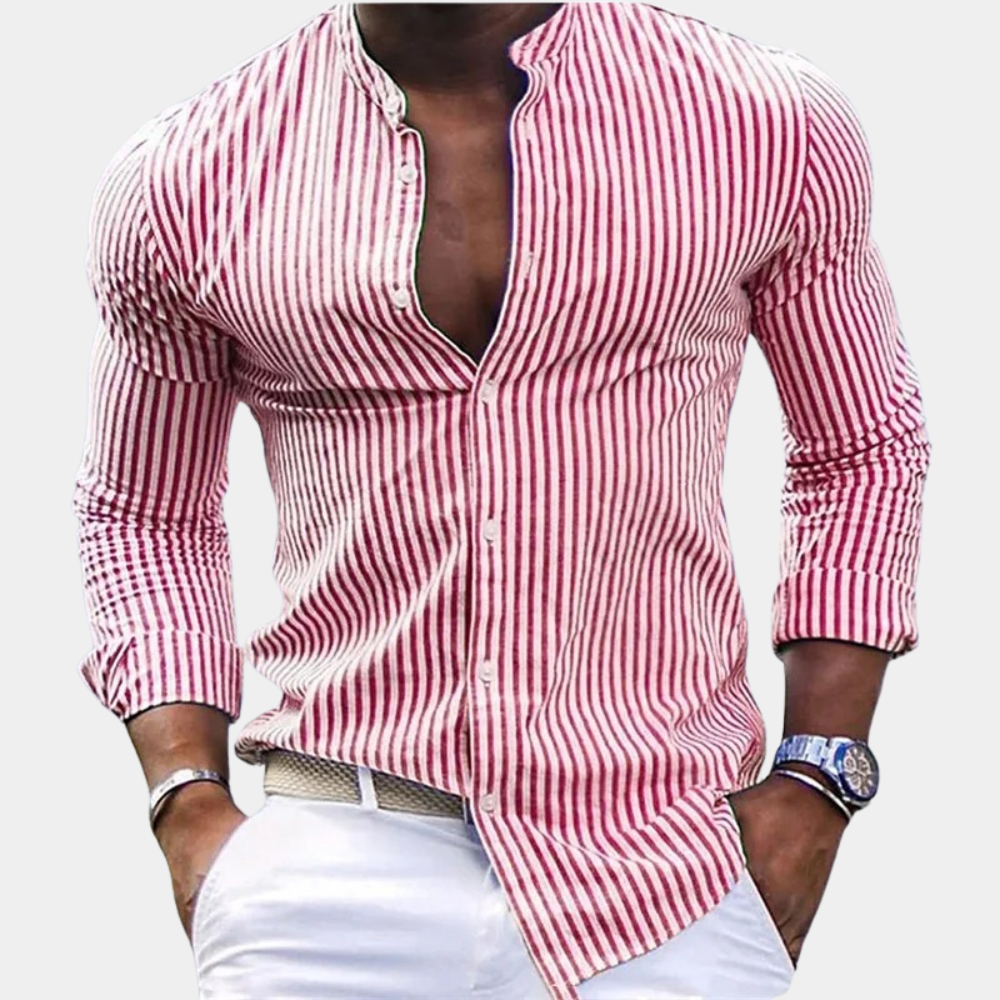 Men's long-sleeve shirt – Slim fit – Mao collar – Vertical stripes – Breathable fabric