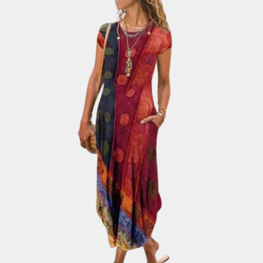 Women's midi dress – Loose fit – Short sleeves – Breathable fluid fabric – Elegant print