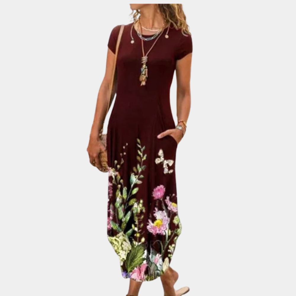 Women's midi dress – Loose fit – Short sleeves – Breathable fluid fabric – Elegant print