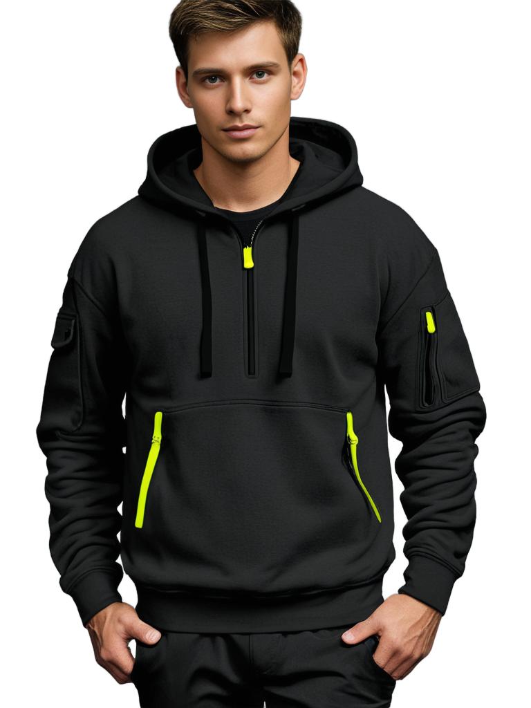 Men's Hooded Sweatshirt - Cotton Knit - Relaxed Fit - Half-Zip - Long Sleeves