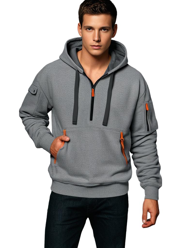 Men's Hooded Sweatshirt - Cotton Knit - Relaxed Fit - Half-Zip - Long Sleeves