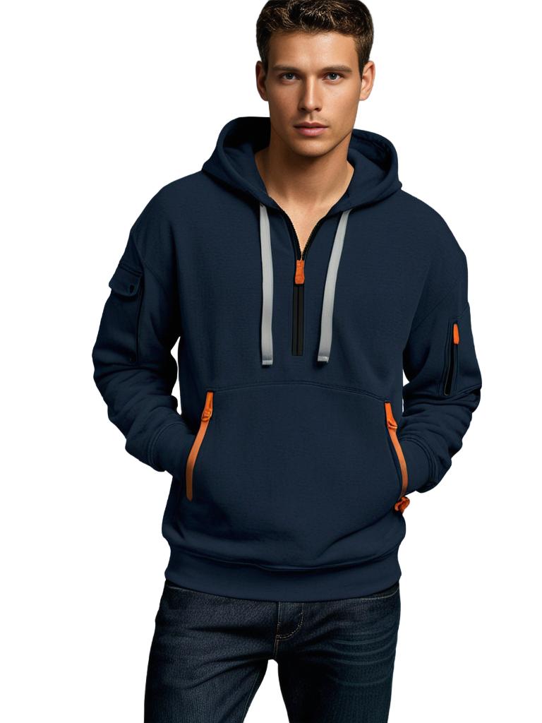Men's Hooded Sweatshirt - Cotton Knit - Relaxed Fit - Half-Zip - Long Sleeves