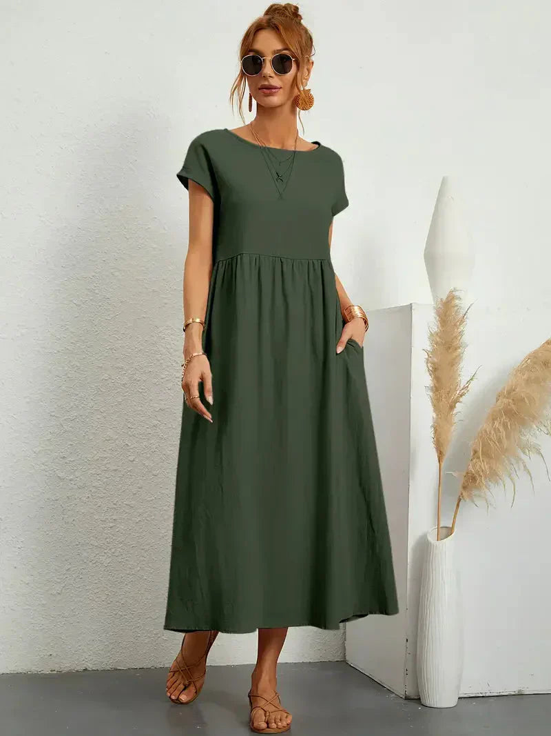 Robe longue femme – Coupe ample – Manches courtes – Taille froncée – Tissu respirant