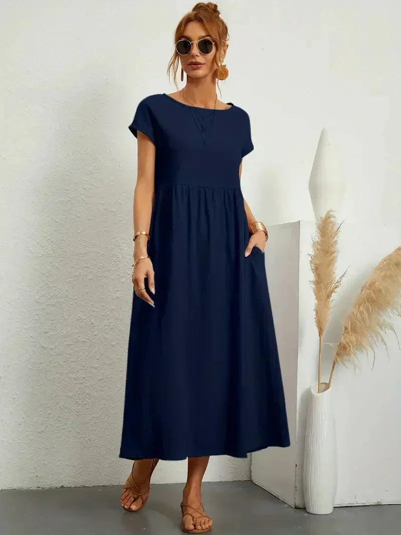 Robe longue femme – Coupe ample – Manches courtes – Taille froncée – Tissu respirant
