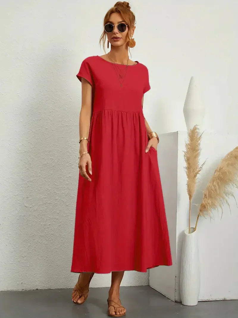 Robe longue femme – Coupe ample – Manches courtes – Taille froncée – Tissu respirant