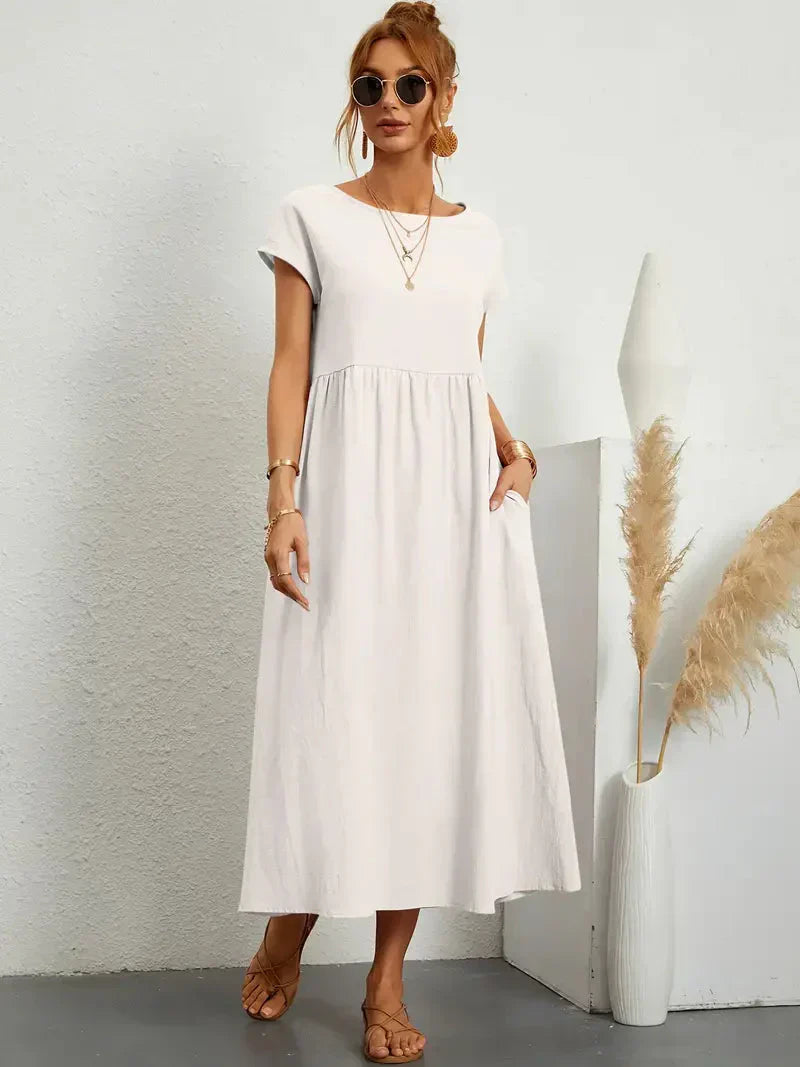 Robe longue femme – Coupe ample – Manches courtes – Taille froncée – Tissu respirant