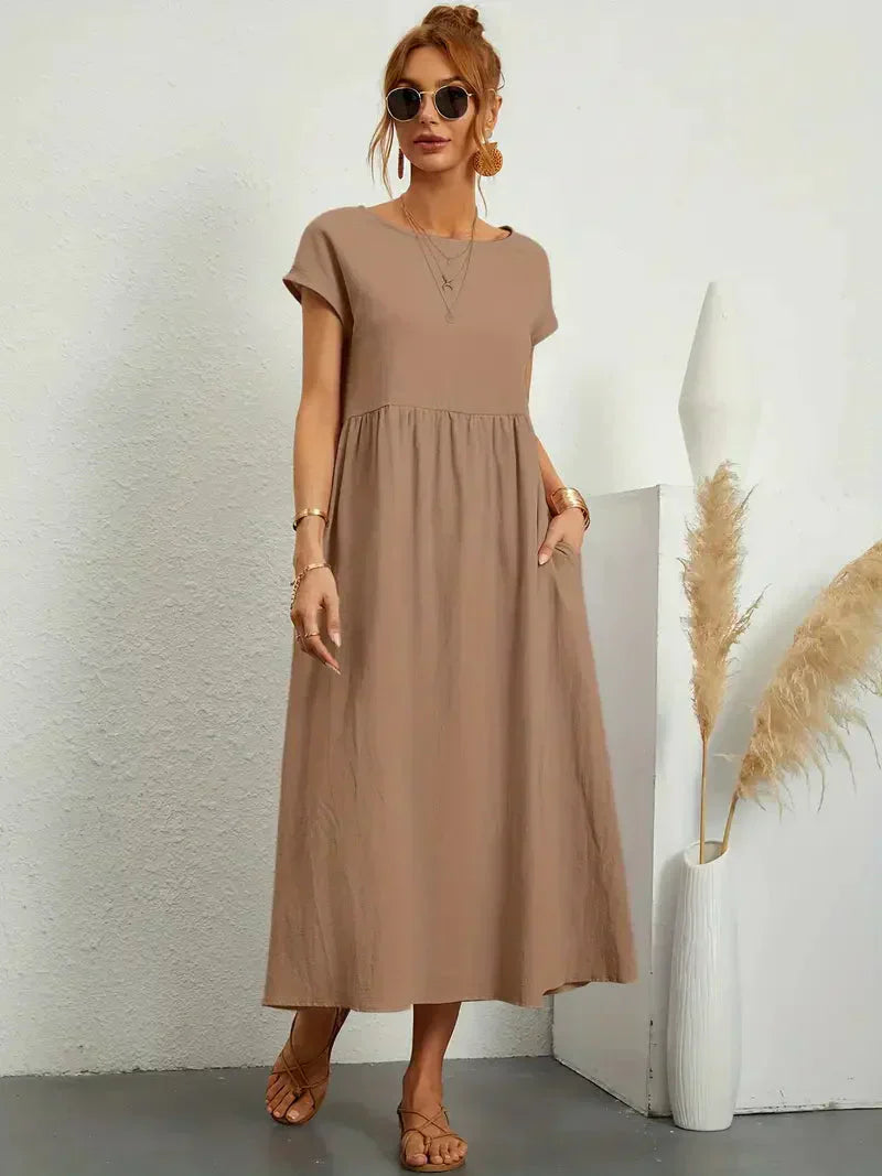 Robe longue femme – Coupe ample – Manches courtes – Taille froncée – Tissu respirant