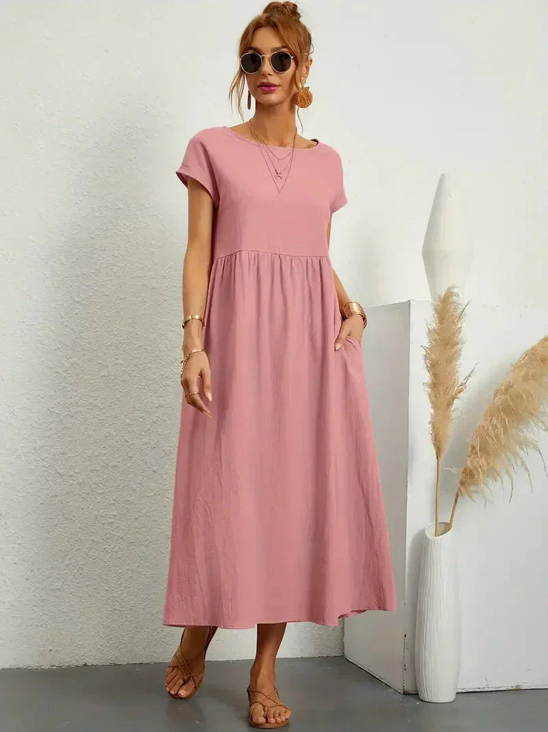 Robe longue femme – Coupe ample – Manches courtes – Taille froncée – Tissu respirant