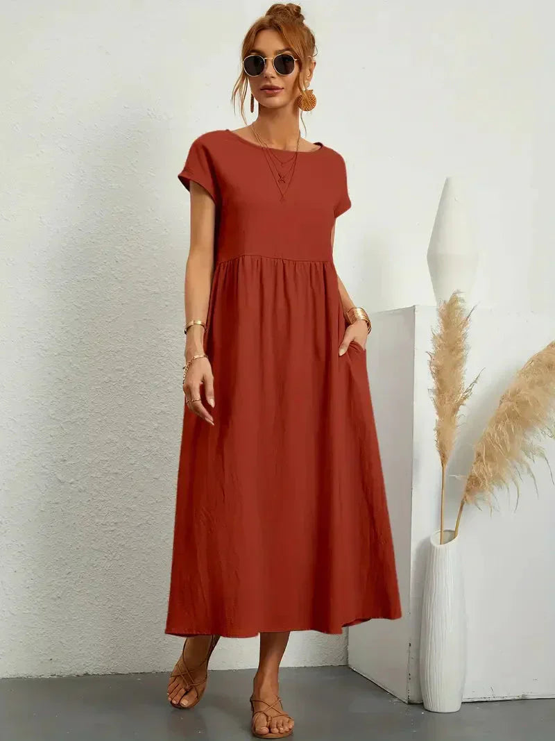 Robe longue femme – Coupe ample – Manches courtes – Taille froncée – Tissu respirant