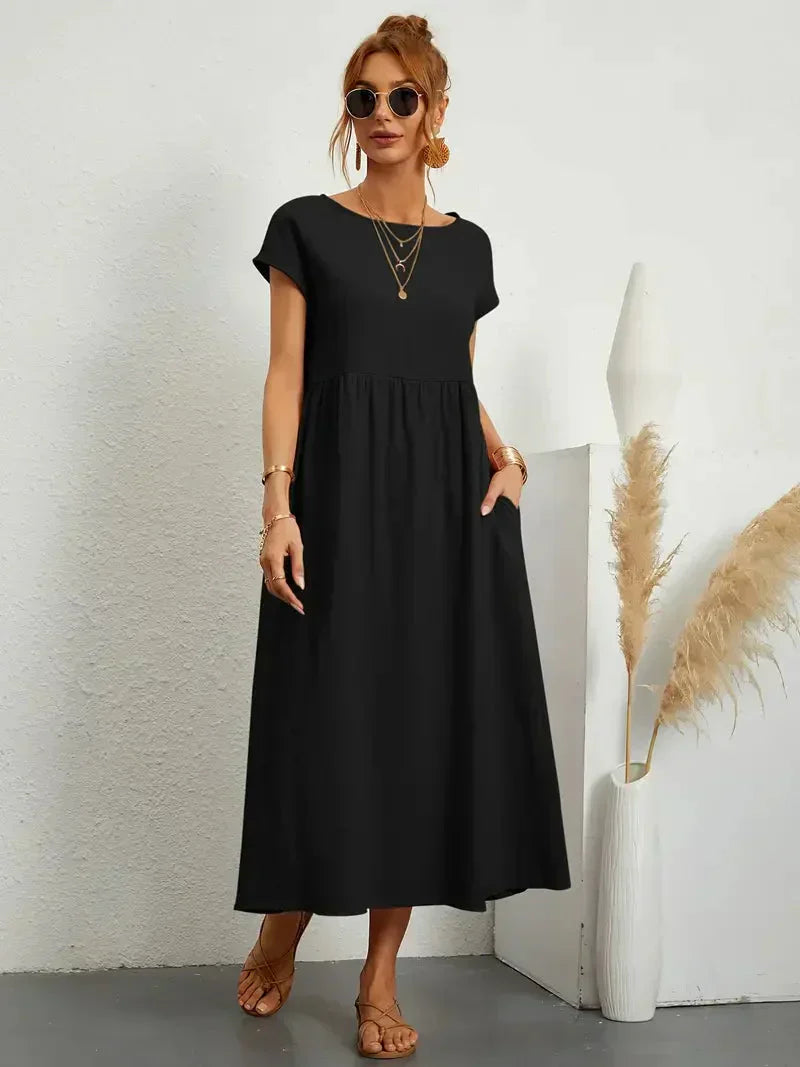 Robe longue femme – Coupe ample – Manches courtes – Taille froncée – Tissu respirant