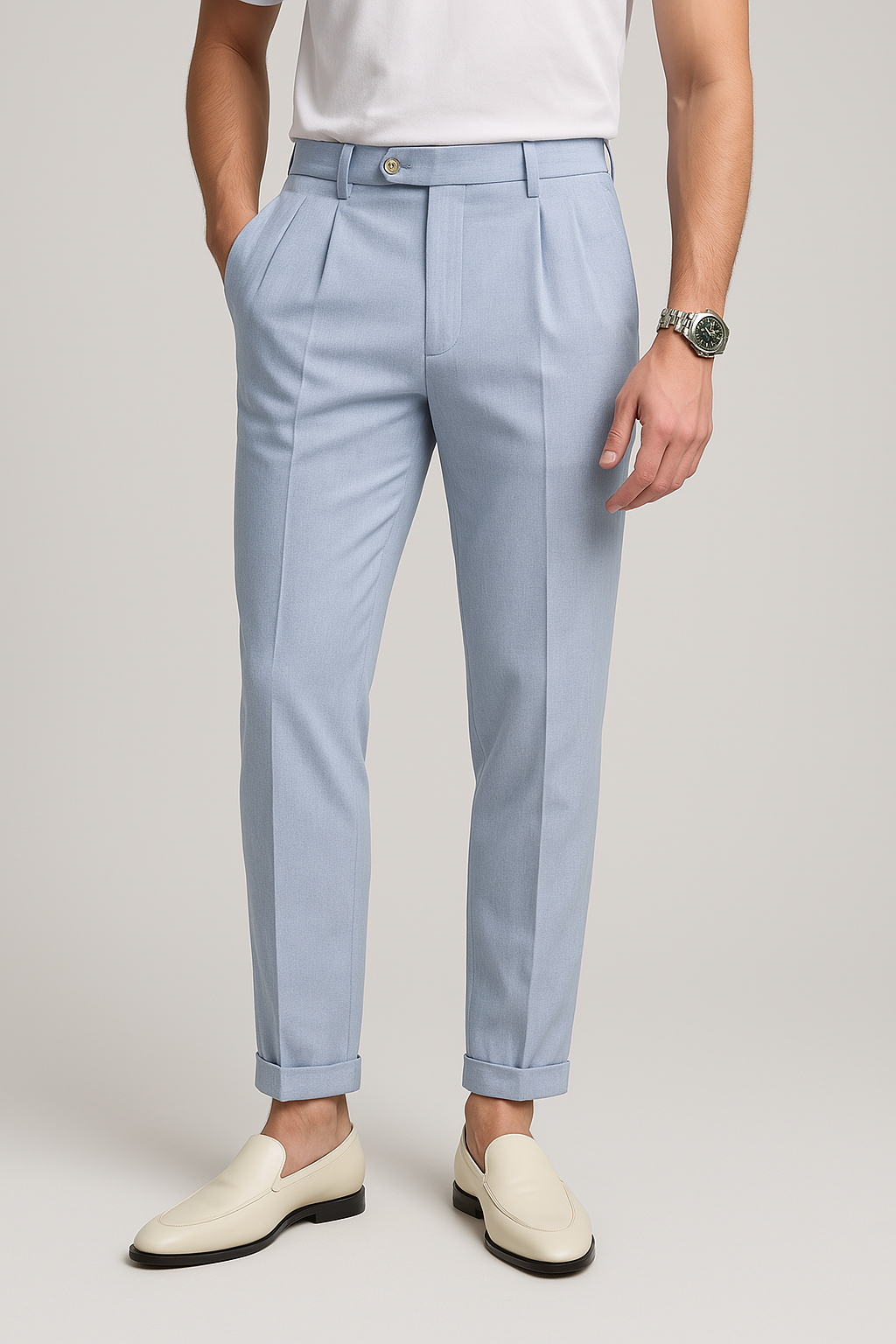 Men's trousers – Straight cut – High waist – Pleats – Breathable textured fabric