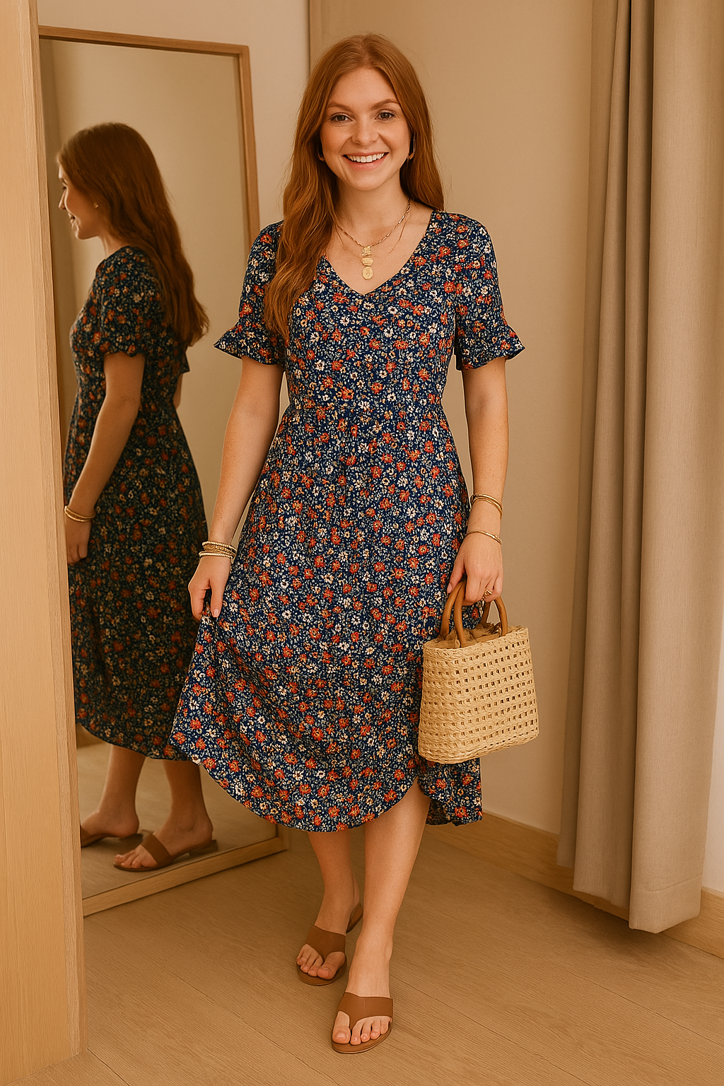 Women's midi dress – Flowing cut – Breathable fabric – Butterfly sleeves – V-neck