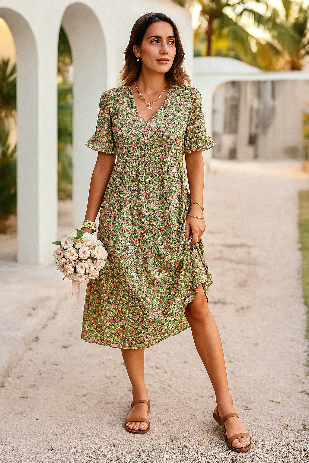 Women's midi dress – Flowing cut – Breathable fabric – Butterfly sleeves – V-neck