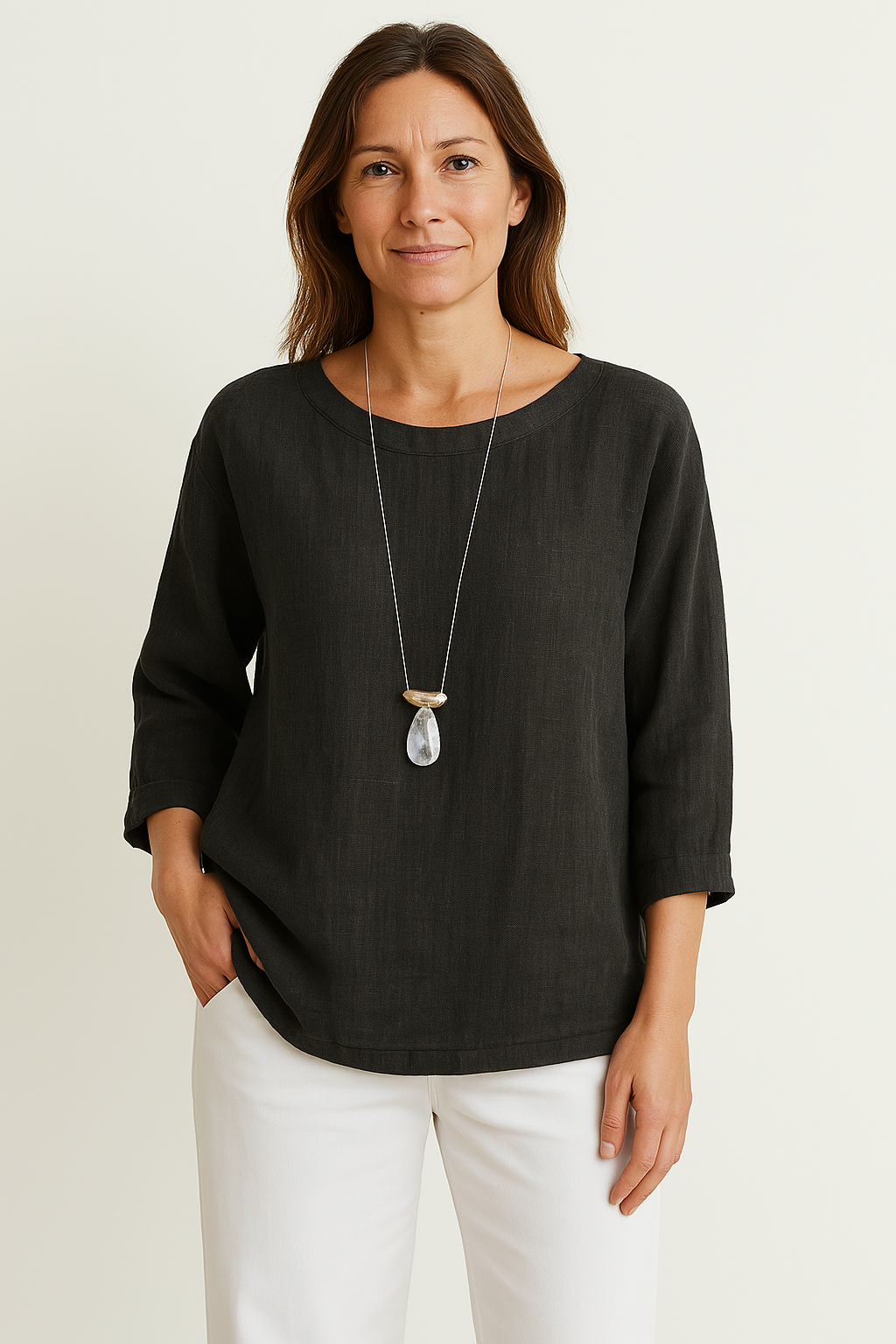 Haut décontracté femme – Coupe ample – Manches 3/4 – Col rond