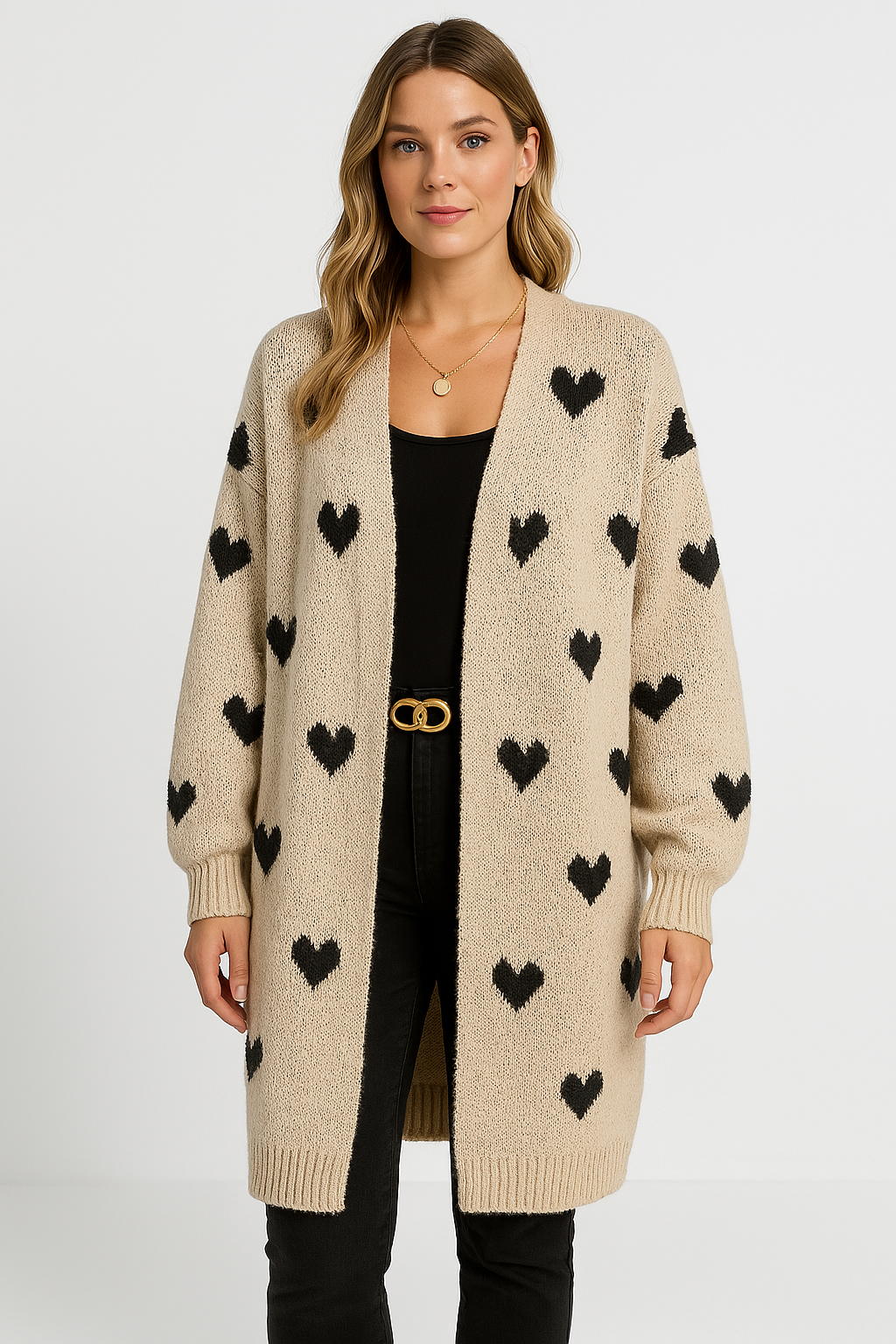 Gilet long femme – Maille douce – Coupe oversize – Motif cœurs – Style décontracté