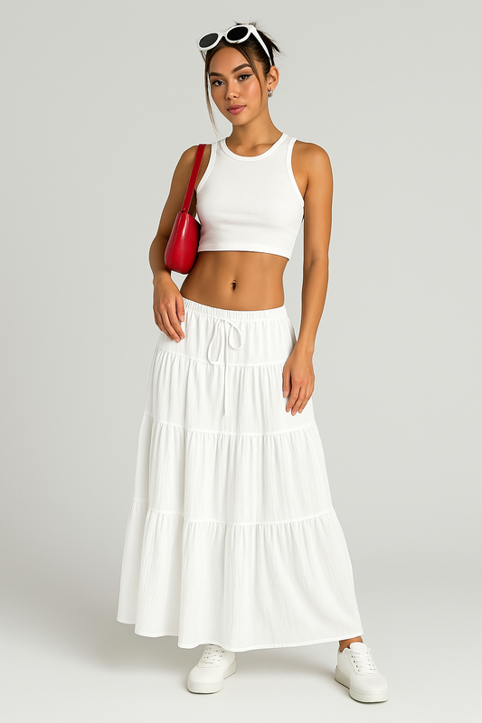 Women's Long Skirt – Flared Cut – Breathable Fabric – Drawstring Waist – Ruffled Effect