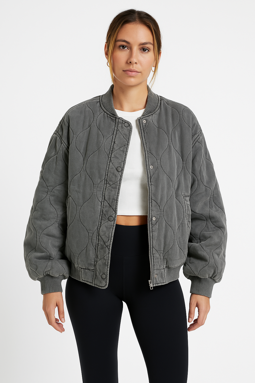 Veste bomber femme – Coupe oversize – Matelassage doux – Finition côtelée zippée