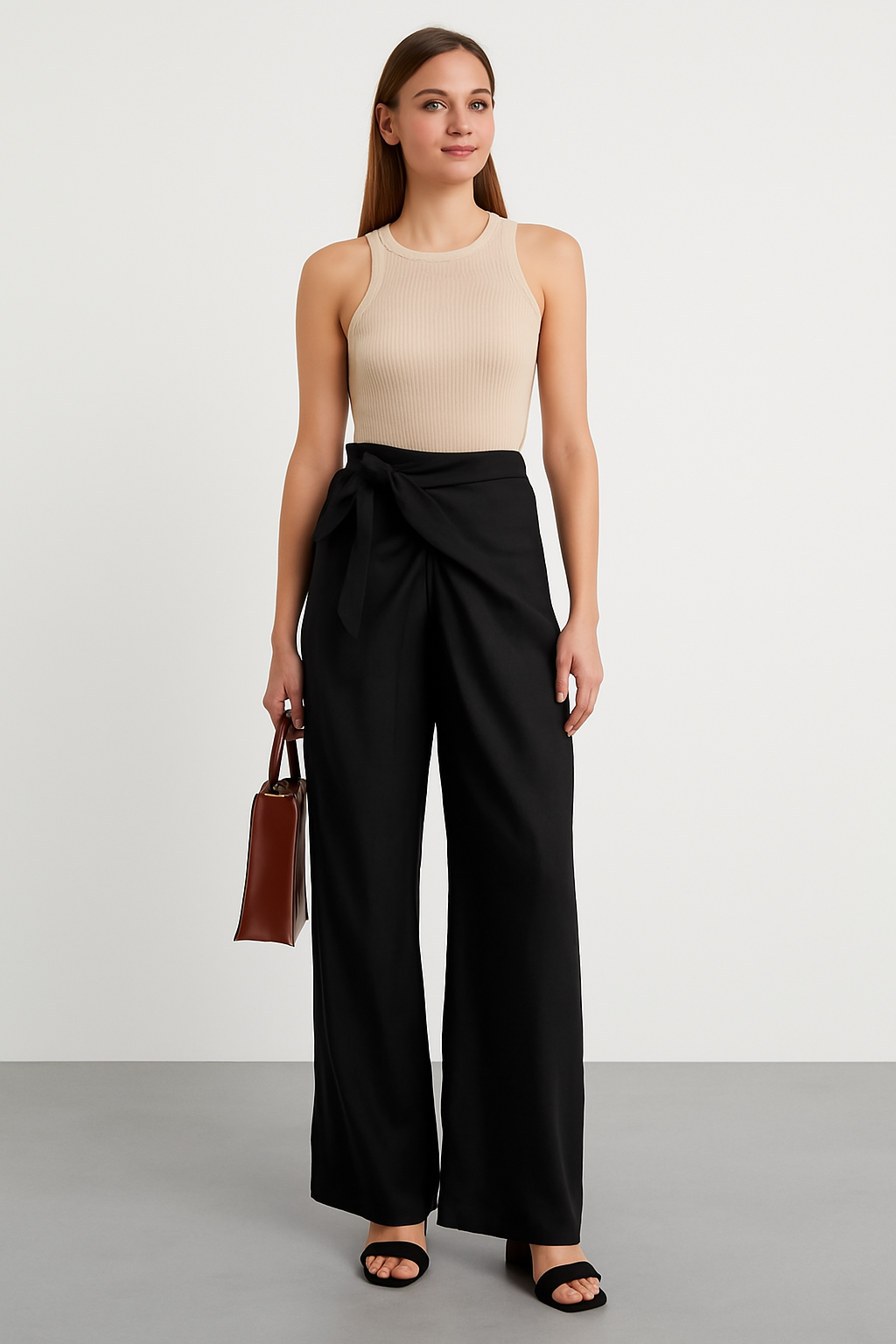 Pantalon femme large – Taille haute – Ceinture nouée – Tissu fluide – Longueur cheville