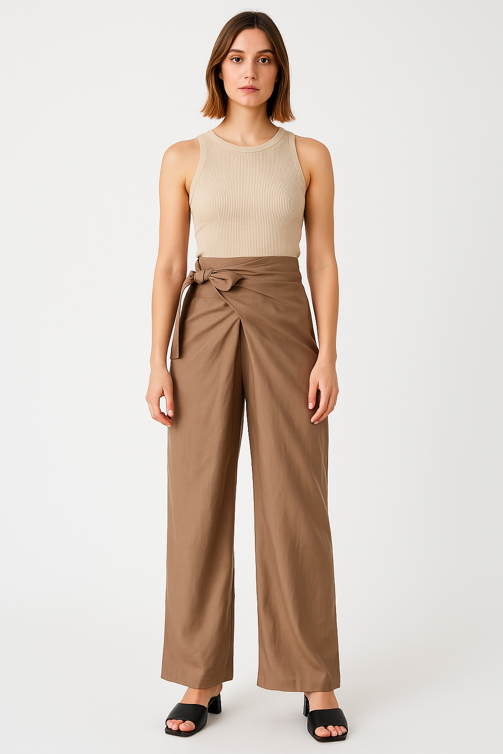 Pantalon femme large – Taille haute – Ceinture nouée – Tissu fluide – Longueur cheville