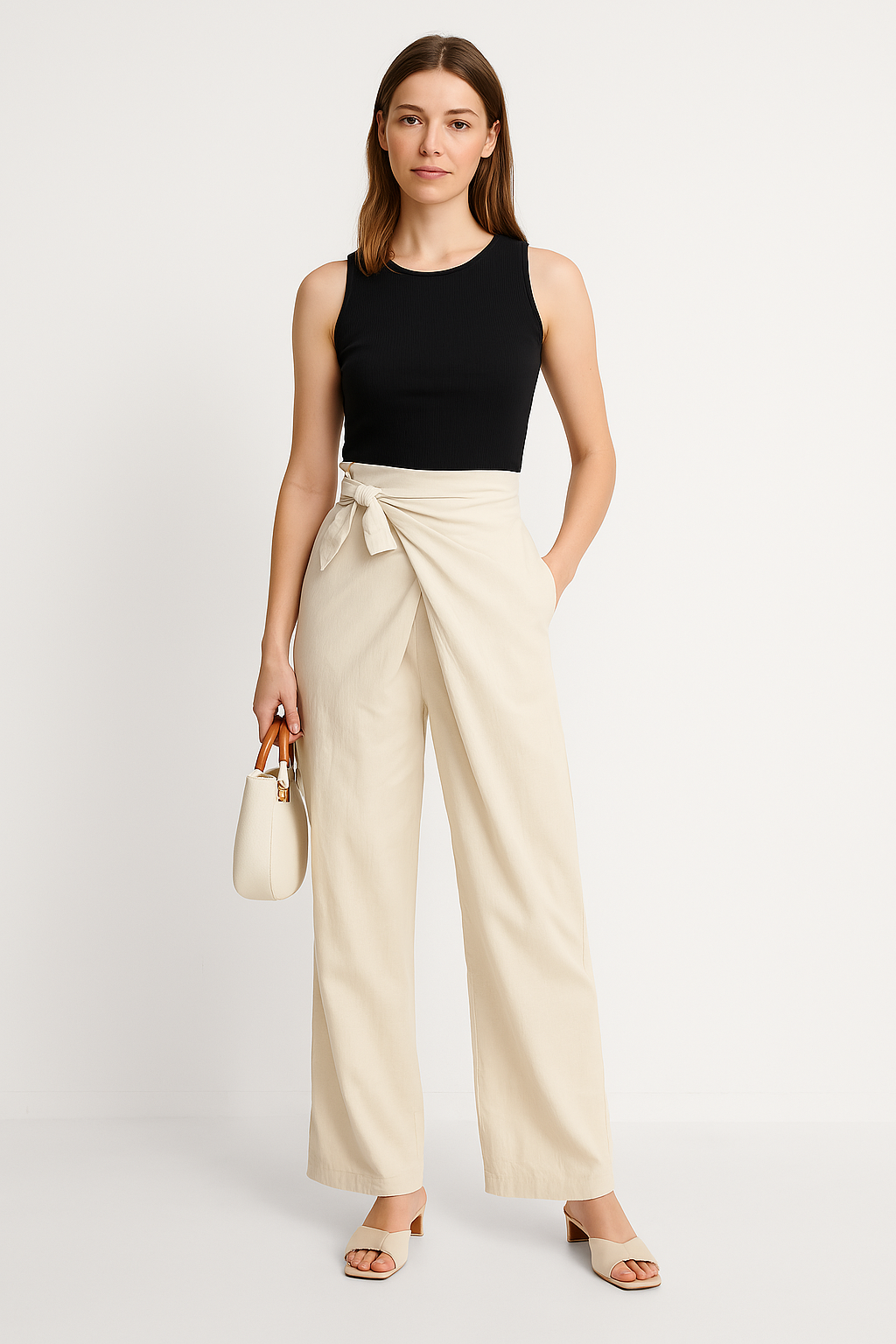 Pantalon femme large – Taille haute – Ceinture nouée – Tissu fluide – Longueur cheville