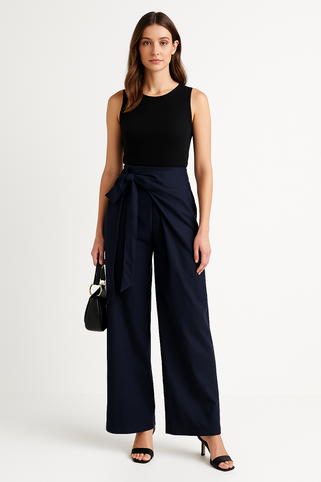 Pantalon femme large – Taille haute – Ceinture nouée – Tissu fluide – Longueur cheville