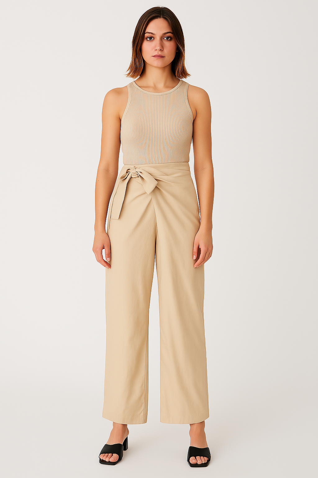 Pantalon femme large – Taille haute – Ceinture nouée – Tissu fluide – Longueur cheville