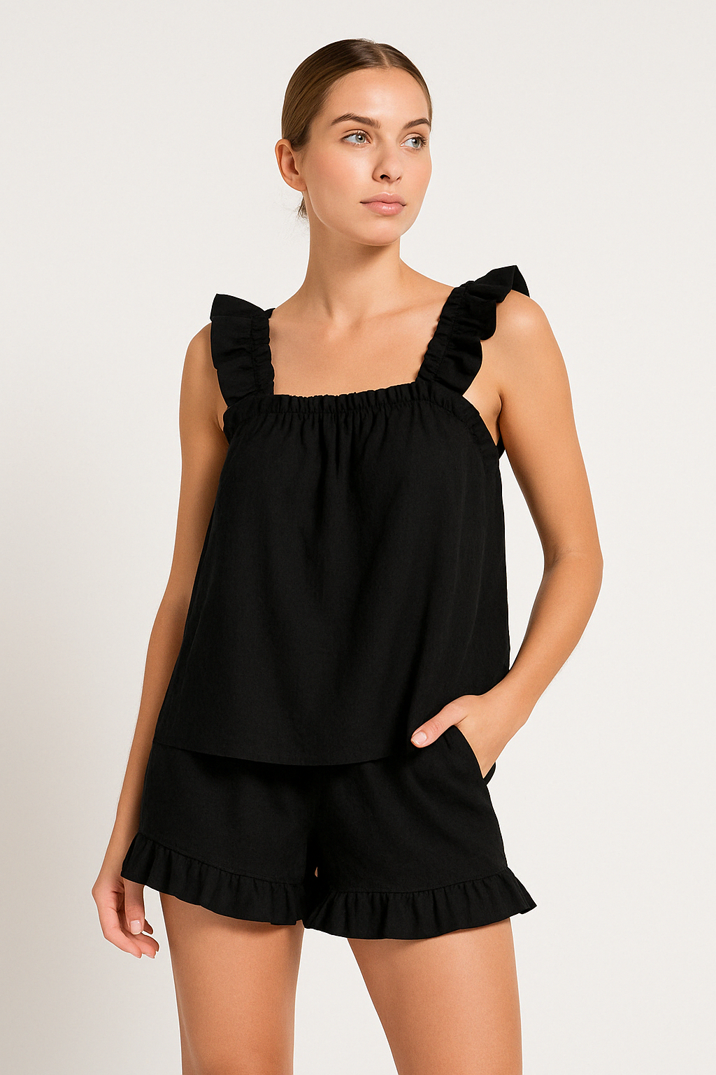 Women's Set Ruffled Top and Shorts – Relaxed Fit – Lightweight Breathable Fabric