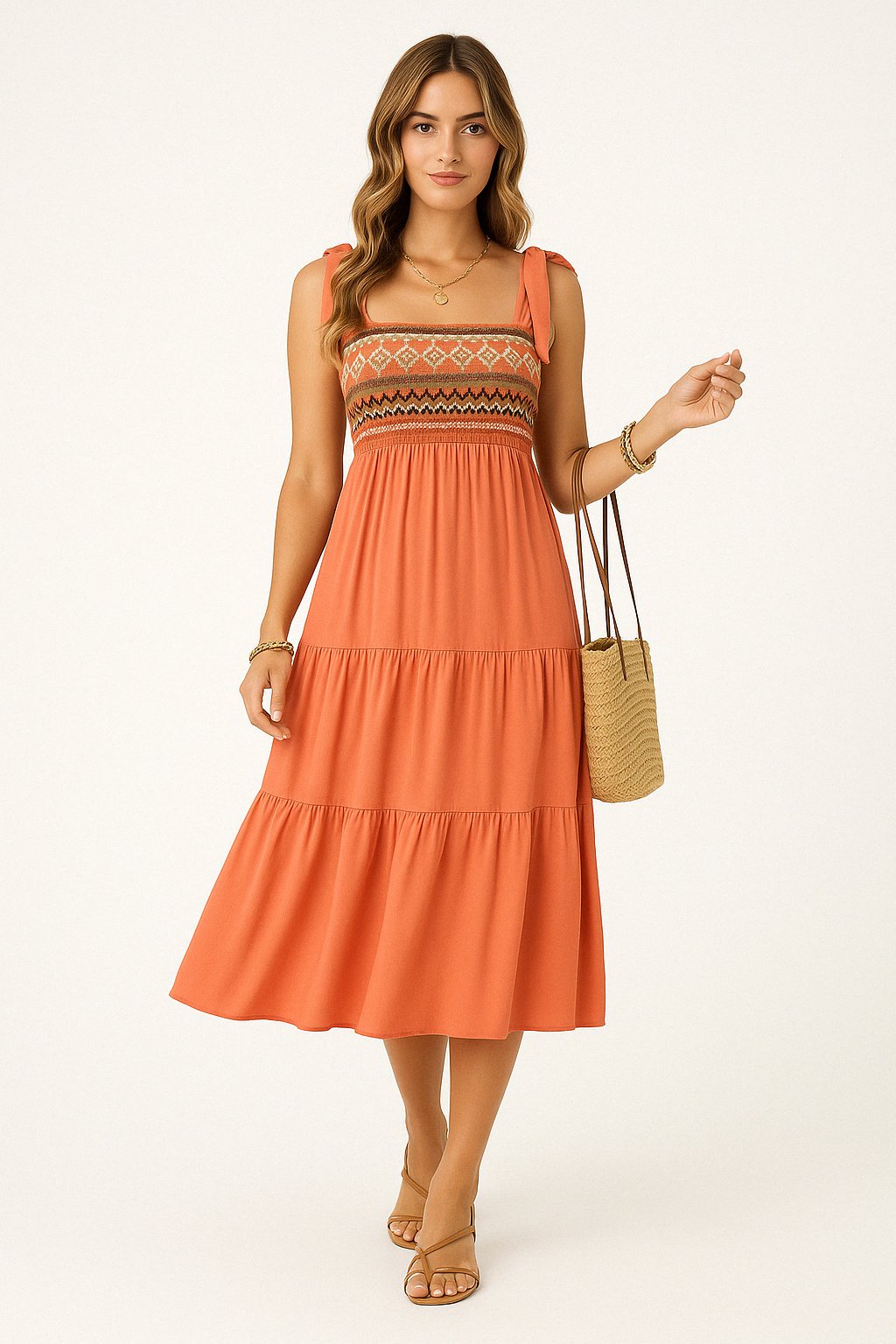 Robe femme évasée – Fibres naturelles – Motif ethnique – Bretelles à nouer – Mi-longue