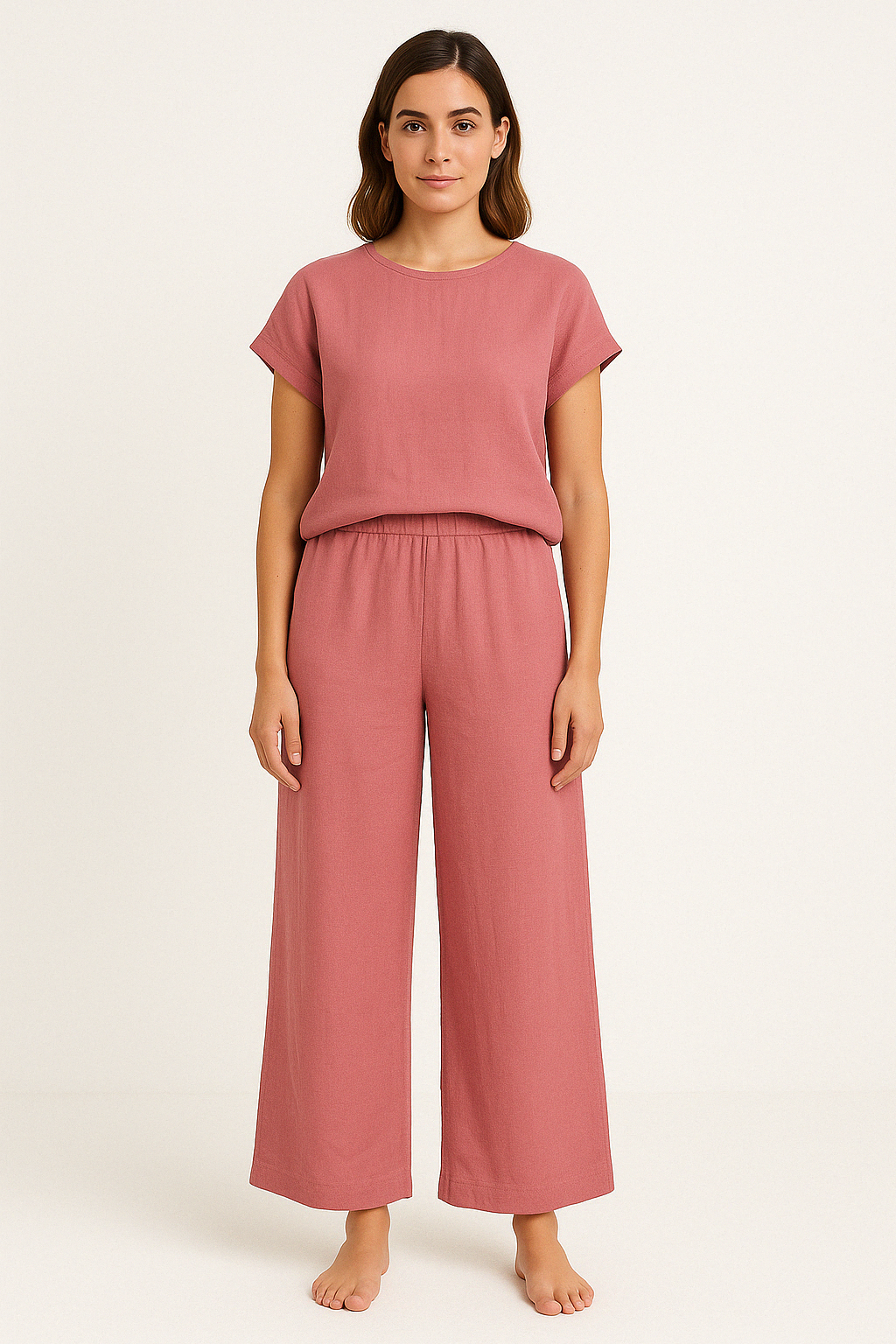 Women's Two-Piece Set – Relaxed Fit – Crew Neck T-Shirt – Wide-Leg Pants
