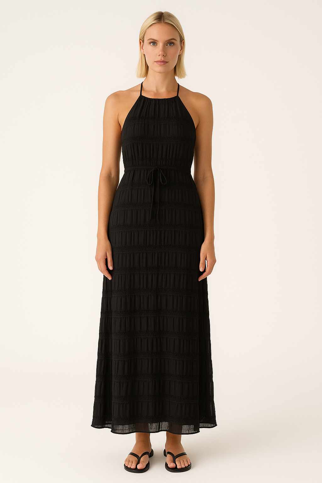 Robe longue femme – Col halter – Dentelle – Taille nouée – Coupe fluide