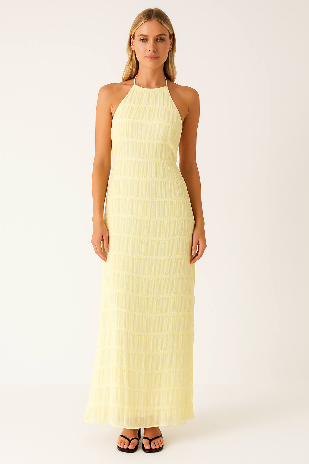 Robe longue femme – Col halter – Dentelle – Taille nouée – Coupe fluide