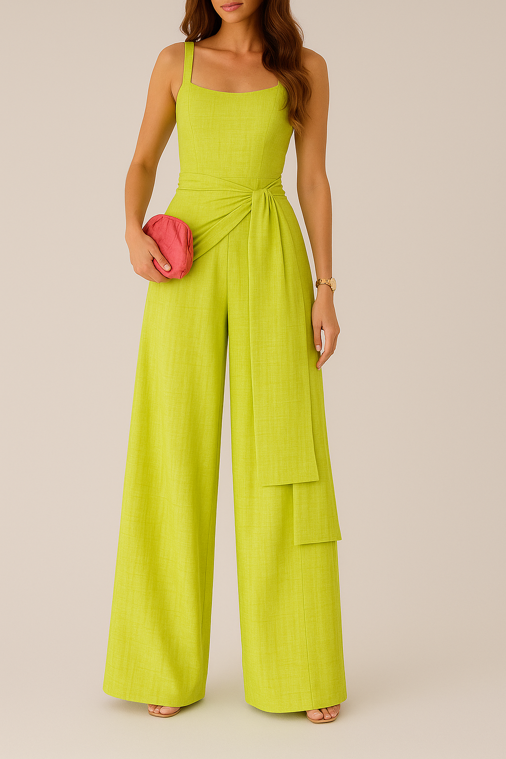 Jumpsuit for women – Lightweight linen – Sleeveless – Adjustable waist – Wide leg