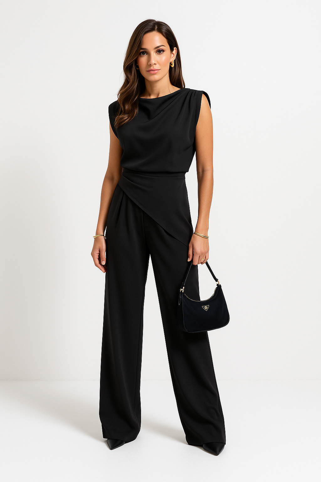 Ensemble Femme – Haut Asymétrique Drapé – Pantalon Taille Haute Jambe Large