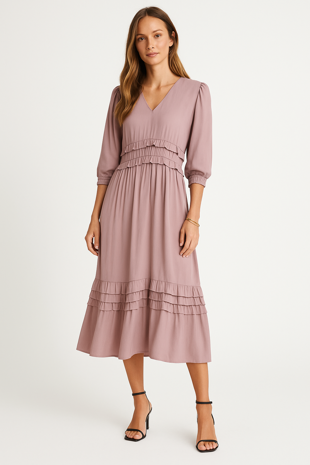 Robe midi femme – Coupe décontractée – Col en V – Volants – Manches longues