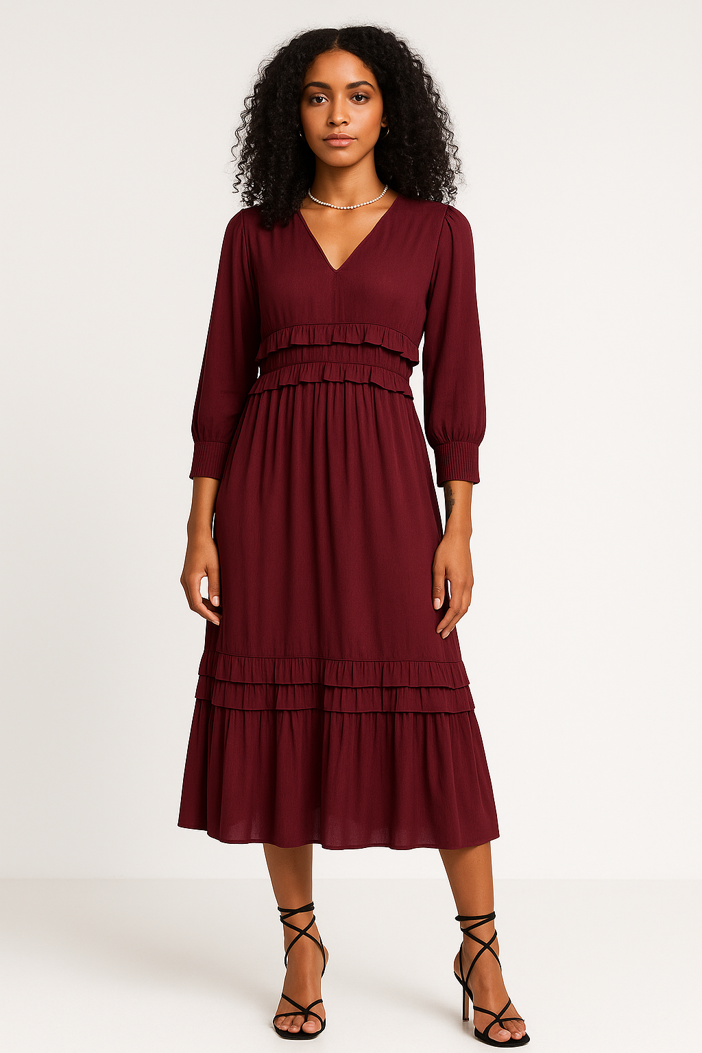 Robe midi femme – Coupe décontractée – Col en V – Volants – Manches longues