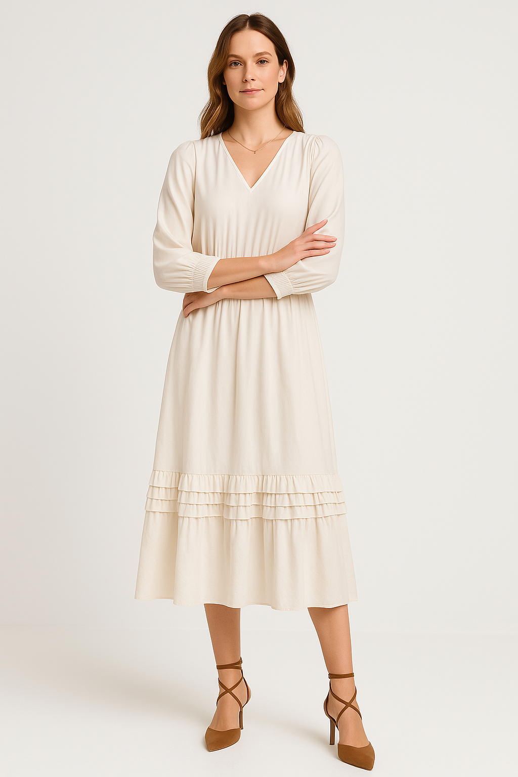 Robe midi femme – Coupe décontractée – Col en V – Volants – Manches longues