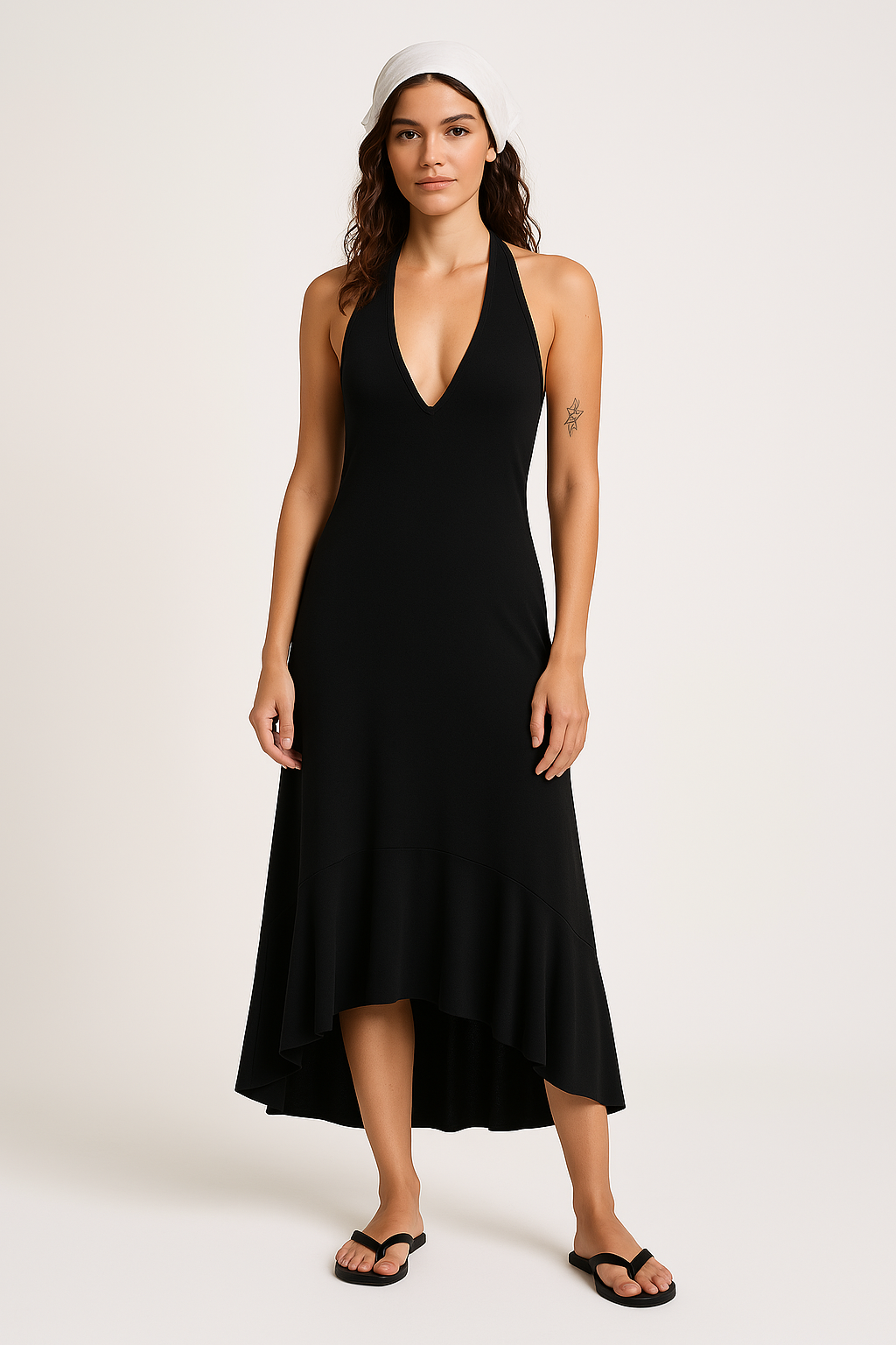 Robe longue femme – Coupe fluide – Décolleté en V – Halter – Ourlet asymétrique