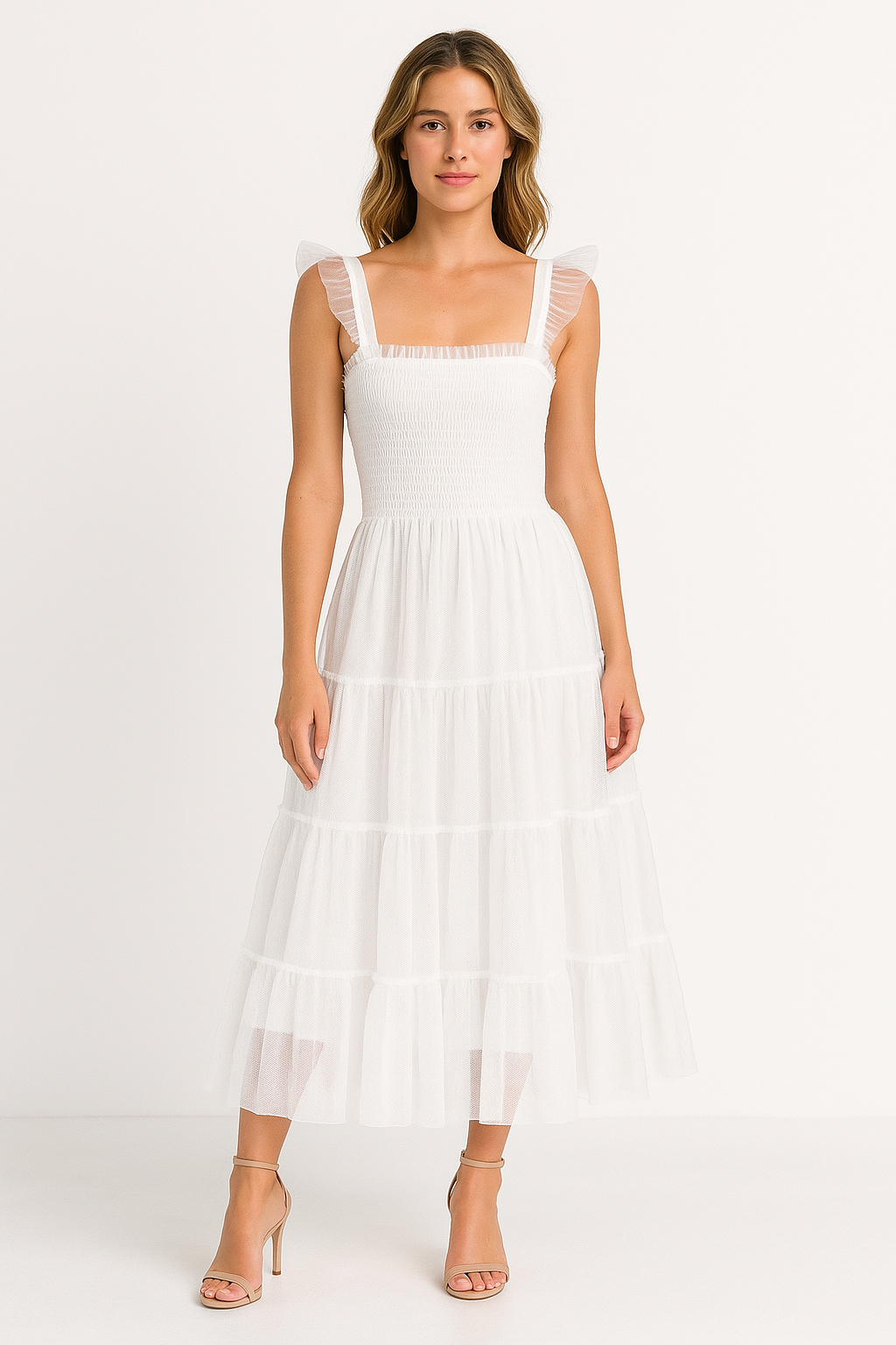 Robe midi femme – Haut smocké ajusté – Jupe en tulle à volants – Bretelles à volants