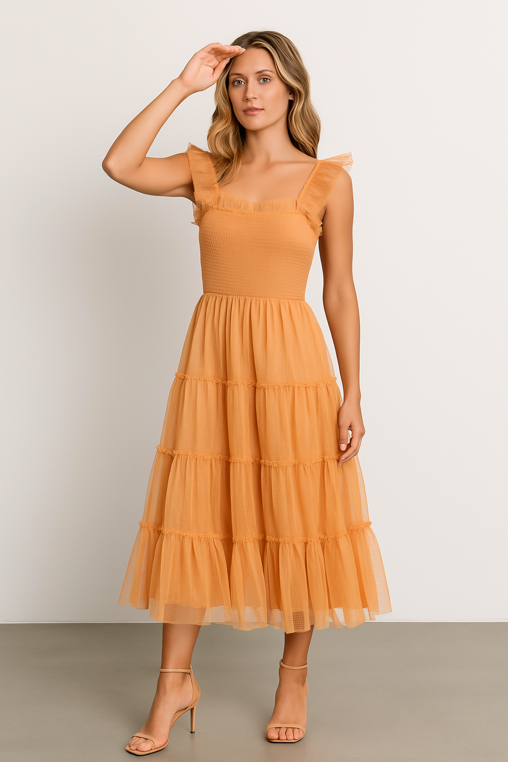 Robe midi femme – Haut smocké ajusté – Jupe en tulle à volants – Bretelles à volants