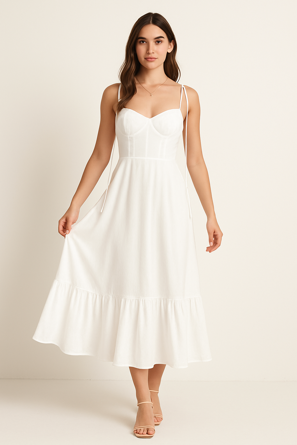 Women's long dress – Breathable fabric – Thin straps – Ruffled hem – Flowing fit