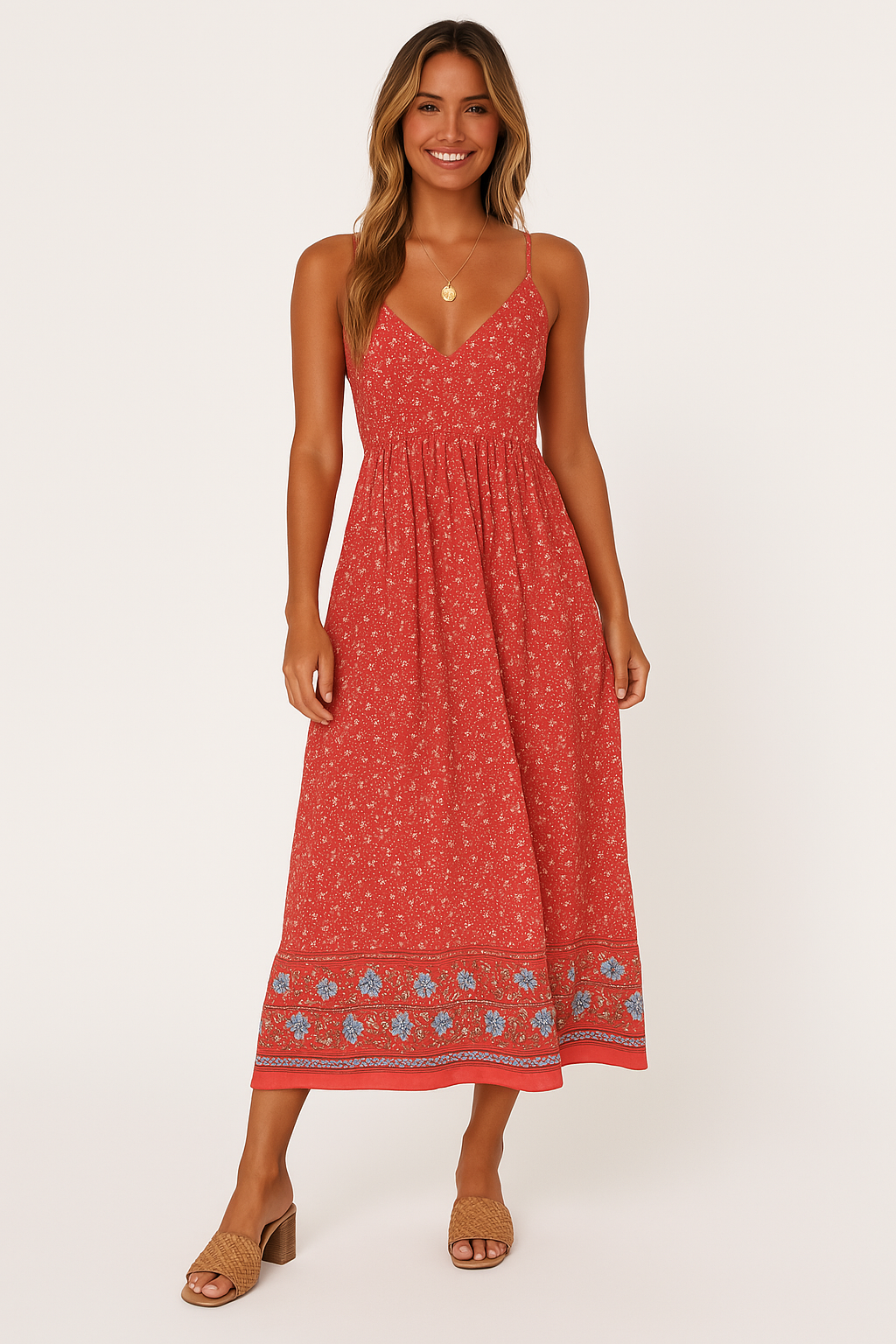 Robe longue femme – Coupe fluide – Imprimé fleuri – Bretelles fines – Style bohème