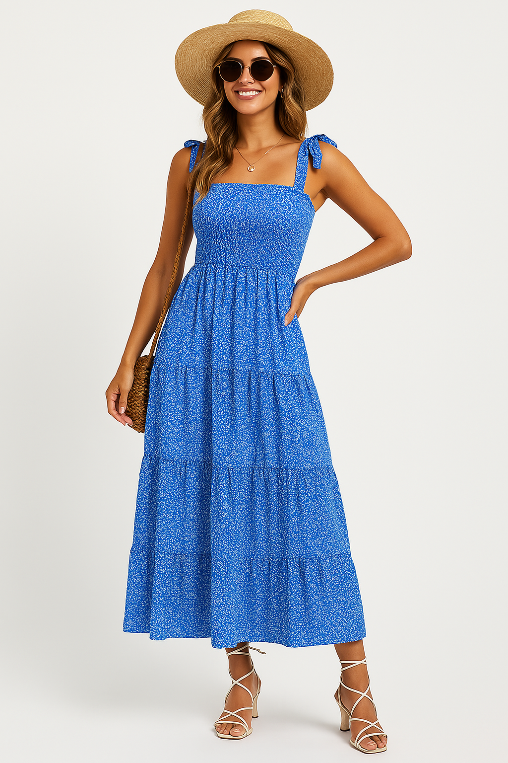 Robe longue femme – Bretelles à nouer – Buste smocké – Jupe volantée – Fibres naturelles